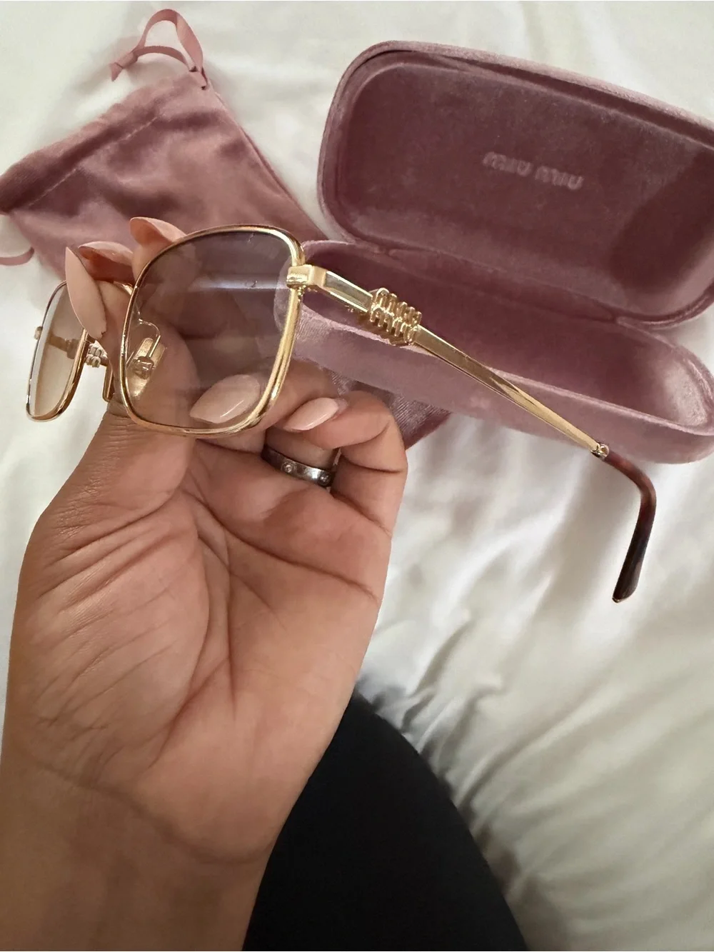 Miu Miu Gold Square Sunglasses with Gradient Gray Lenses and Pink Velvet Case